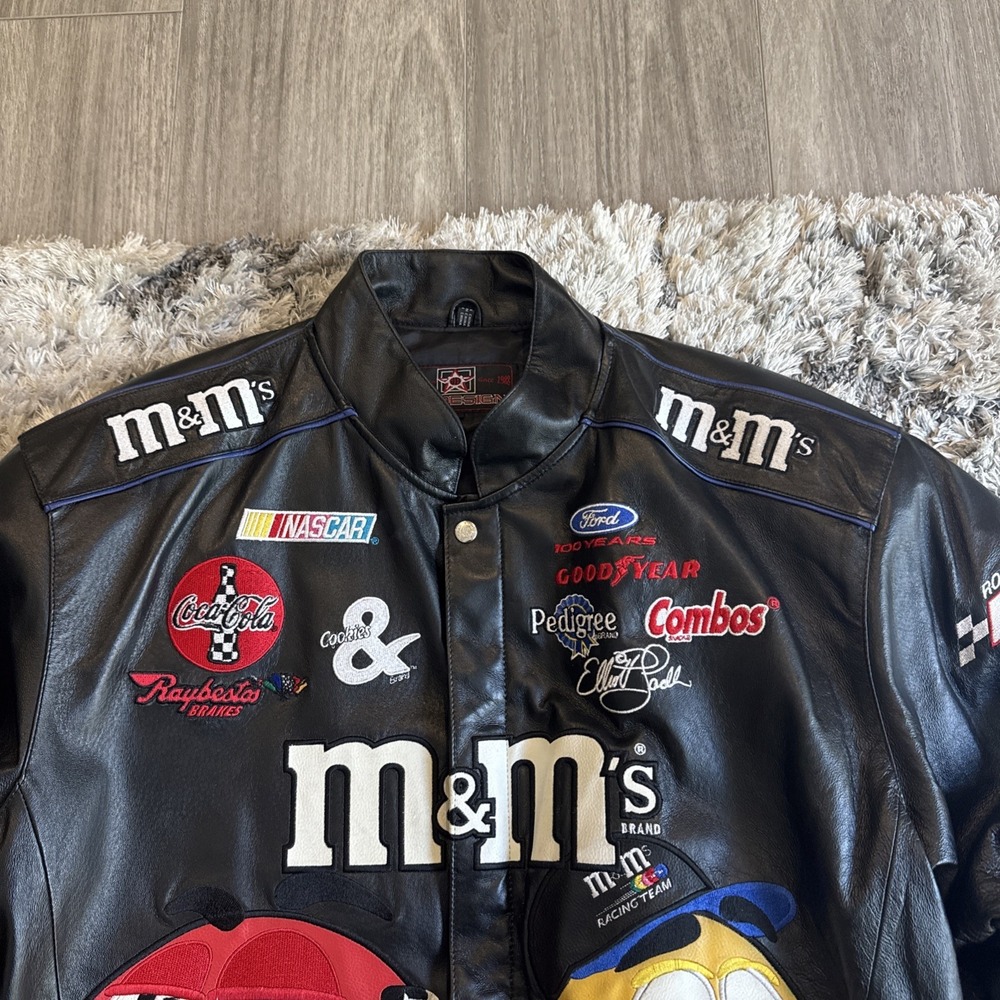 Vintage 90's JH Design M&M Black Leather Jacket Elliot Sadler #38 Men's Size XL - Picture 6 of 16